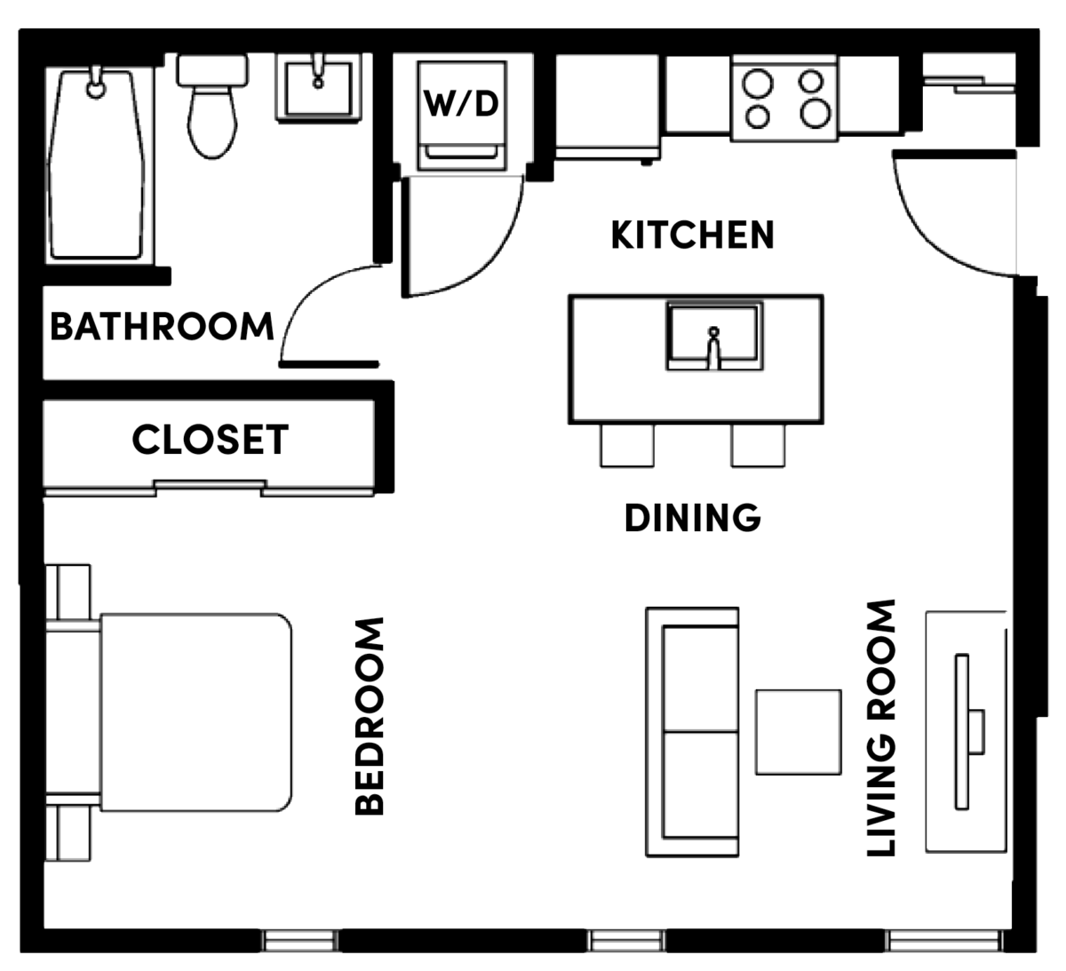 narrow studio apartment layout