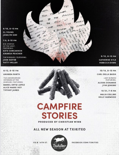 Image of a poster created for Campfire Stories sixth season at Txikiteo, produced by writer Christian Winn. in Boise, Idaho. Dates of events are June 10, July 8, August 12, September 9, October 14, and October 31 of 2019.