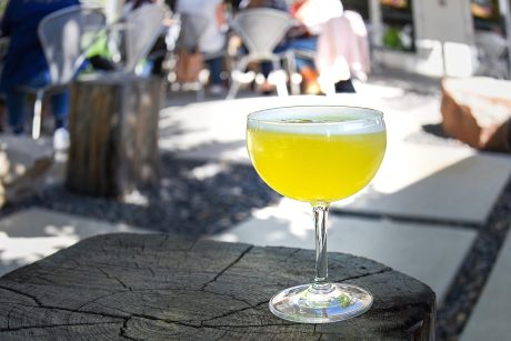 The new menu at the Modern Bar in Boise Idaho includes the cocktail pictured here. The Jade Coast is served in a coupe glass. It is yellow green in color with white froth on top and a dried lime as garnish. The cocktail sits on a square wooden stump used for sitting around the fire pits in the Modern Hotel courtyard. In the background a blurred group of people dine at a patio table.